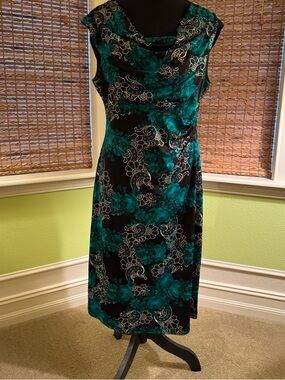 Black & Teal Floral Cowl Neck Midi Dress